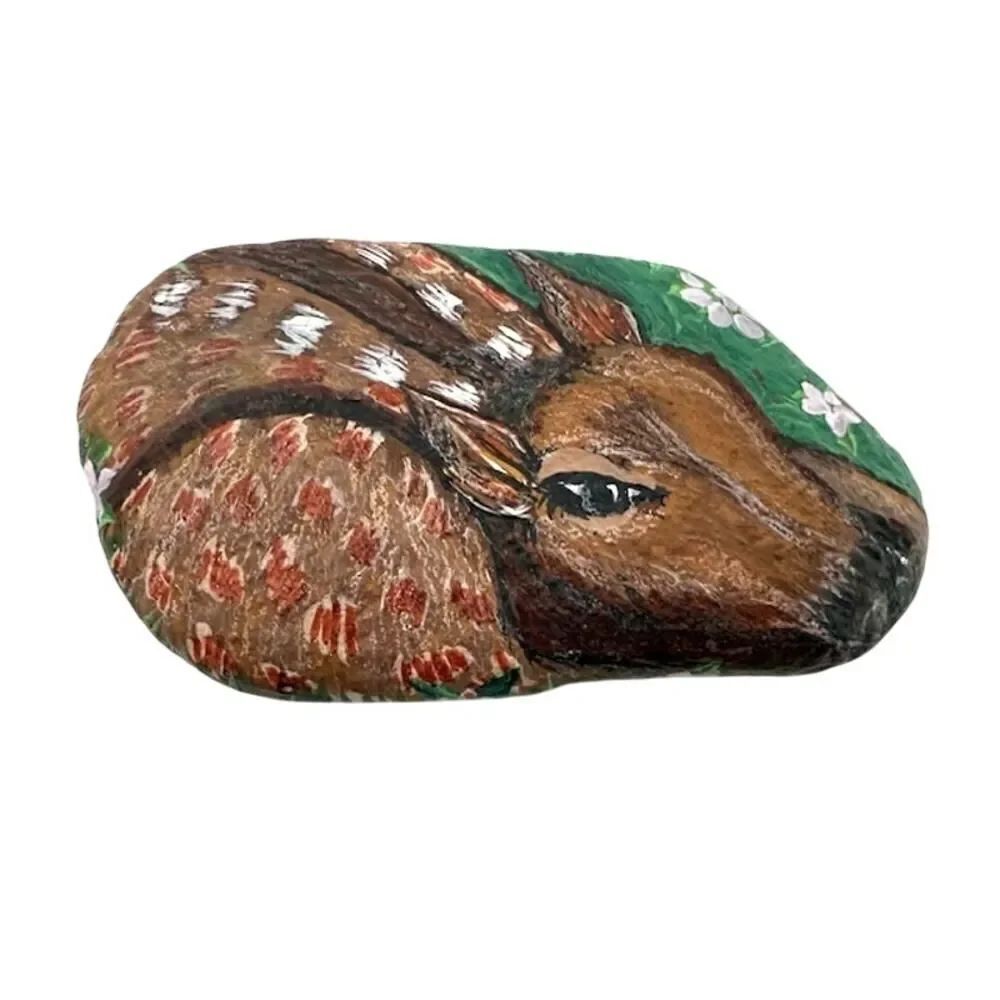 PET ROCK FAWN / DEER Hand Painted Resting 5"W 2.75"H 1"D.. Doorstop Large